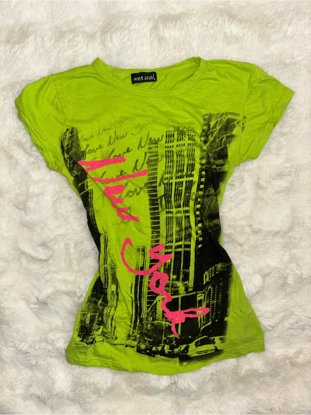 Wet Seal Neon Green Tee with Hot Pink Script and Black Print